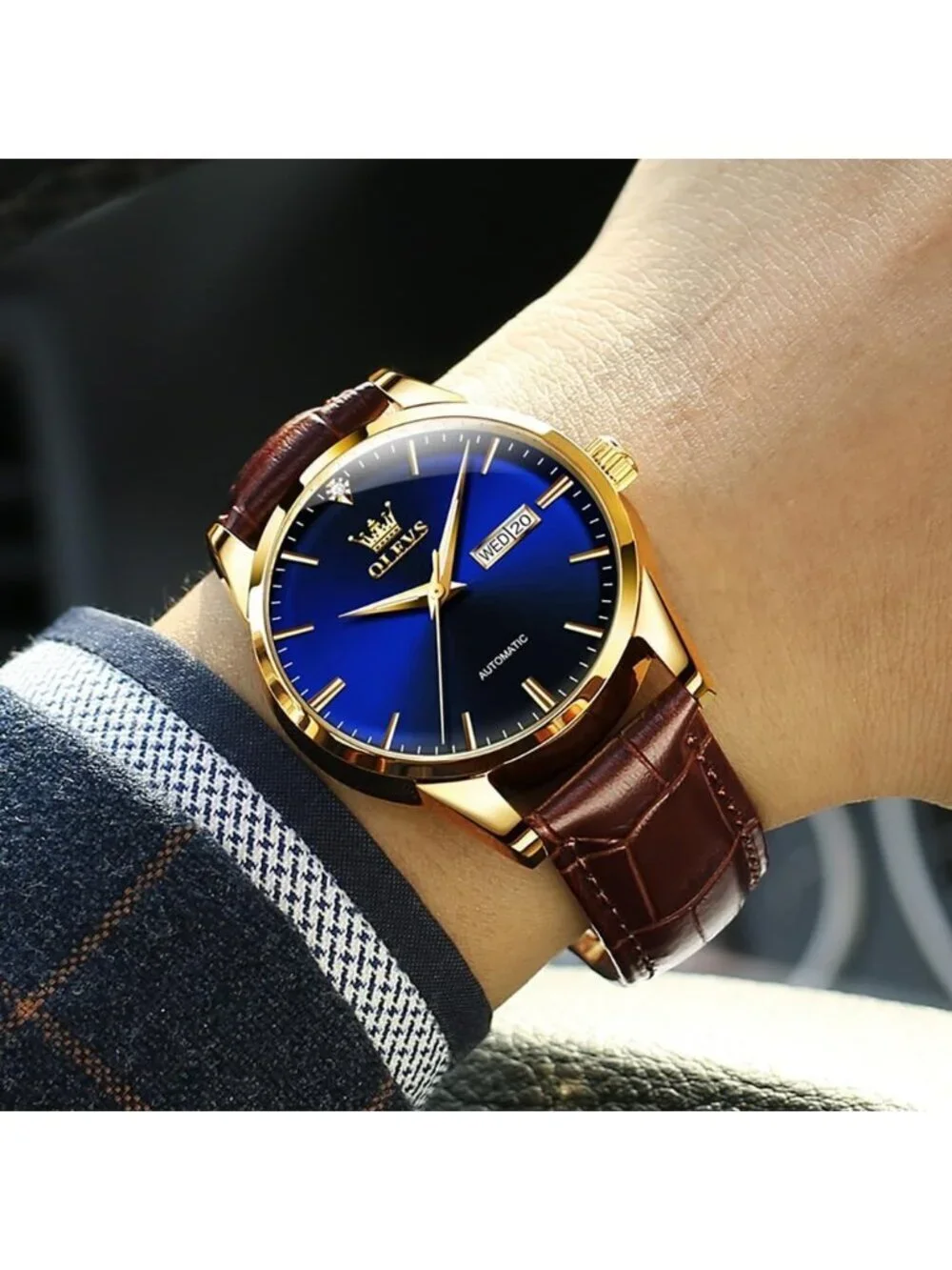 Men's Brown strap/Blue Dial Luxury Leather Band Mechanical Classic Wrist Watch